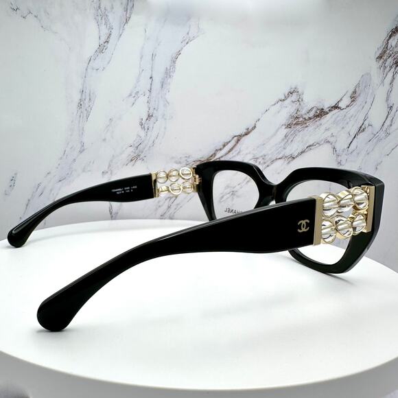 New CHANEL Eyeglasses Black Gold Cat Eye Clear Rotating Pearls 52mm - Picture 13 of 15